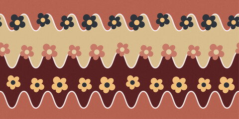 Seamless Pattern Wavy Stripes and Flower Retro Style