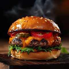 Close-up of a juicy cheeseburger with lettuce, tomato, and pickles, steaming on a wooden board.