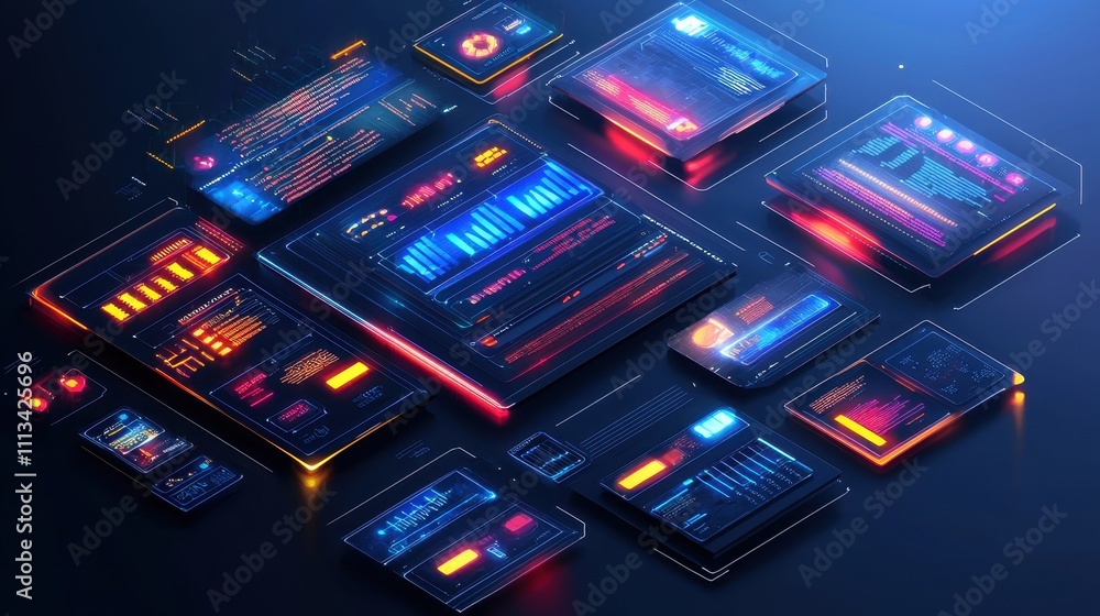 Poster futuristic digital prototype mockup showcasing advanced technology and user interface layout