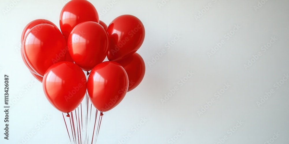 Poster chaos of red balloons on white background captured in high resolution with a gigapixel technique, id