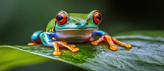 Fototapeta premium A colorful red-eyed tree frog sits on a green leaf, looking at the camera.