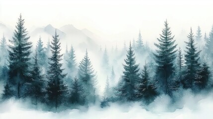 Fototapeta premium Winter Forest Watercolor Illustration of Pine Trees in Snowy Landscape with Misty Atmosphere