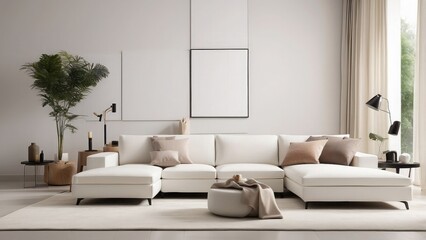 A comfortable white sectional sofa and a sleek, minimalist living room make this space ideal for home décor and interior design campaigns