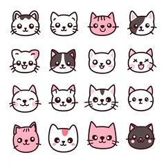 Sixteen Adorable Cartoon Cat Faces in Various Colors and Expressions