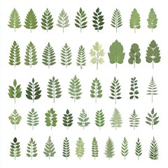 Collection of forty diverse green leaves and ferns, isolated on white background.