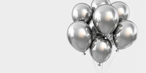 A Beautiful Arrangement of Shiny Silver Balloons Floating Against a Clean White Background Perfect for Celebrations and Events Photography