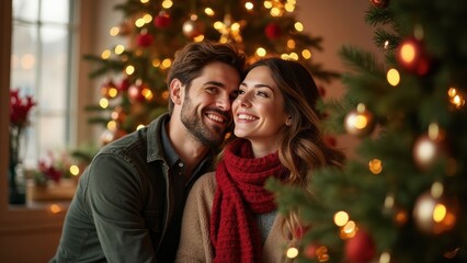Couple Celebrating Christmas and New Year in a Festive Setting With Decorated Trees and Warm Smiles