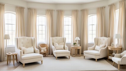 An actual image of a large twin bedroom with two wooden cribs and an armchair that is white and beige