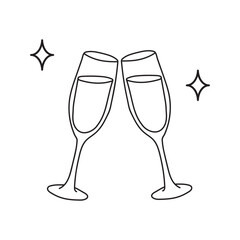 Minimalist line art of two champagne glasses. Simple black and white champagne toast illustration