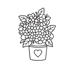 Simple black and white floral bouquet in a heart-shaped pot. Minimalist line drawing of a vintage flower arrangement