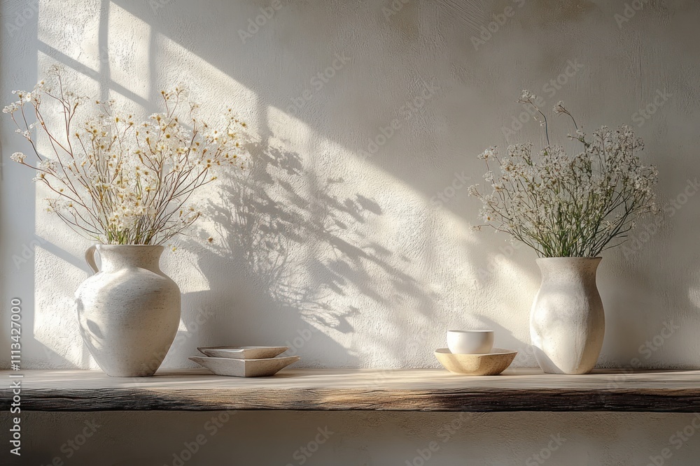 Poster minimalist white textured wall background with soft natural light and simple shelf for product displ