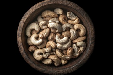 A wooden bowl overflows with roasted cashews. Perfect for food blogs, healthy eating, or snack themes.