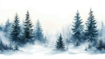 Watercolor Winter Forest Scene with Snowy Pine Trees and Misty Atmosphere