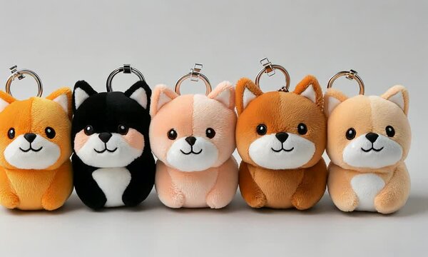 A row of cute plush keychains resembling Shiba Inu dogs in various colors.