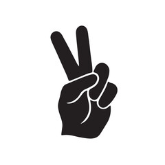Minimalist black and white illustration of a peace sign hand gesture. Simple vector icon of a victory hand