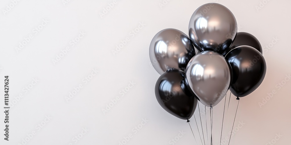 Poster a group of shiny silver and black balloons floating on a light white background for celebratory or d