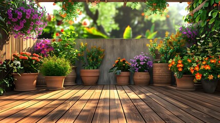Fototapeta premium Hardwood terrace with vibrant flower pots and a lovely summer yard