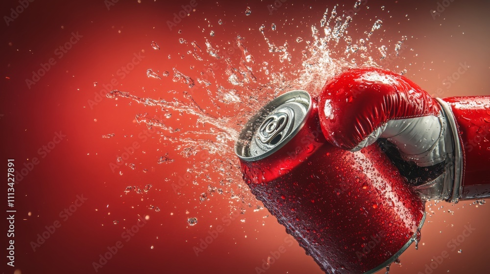 Poster a boxing glove strikes a red soda can, causing an explosion of water droplets against a vibrant red 