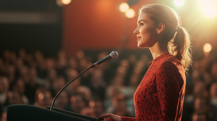 Confident Female Speaker Presenting to an Engaged Audience