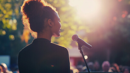 Confident Woman Speaking Outdoors in Sunlit Setting