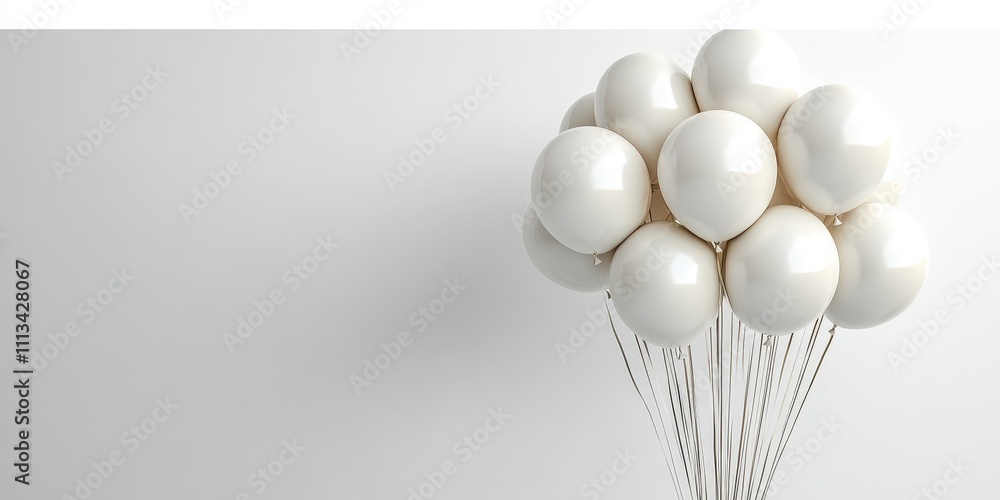 Poster a group of white balloons on a minimalist white background creating a whimsical and chaotic atmosphe