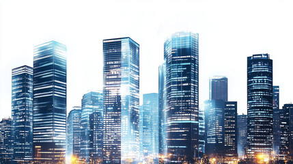 Obraz premium city ​​skyline at night with shining skyscrapers on a pure white background, showcasing urban architecture