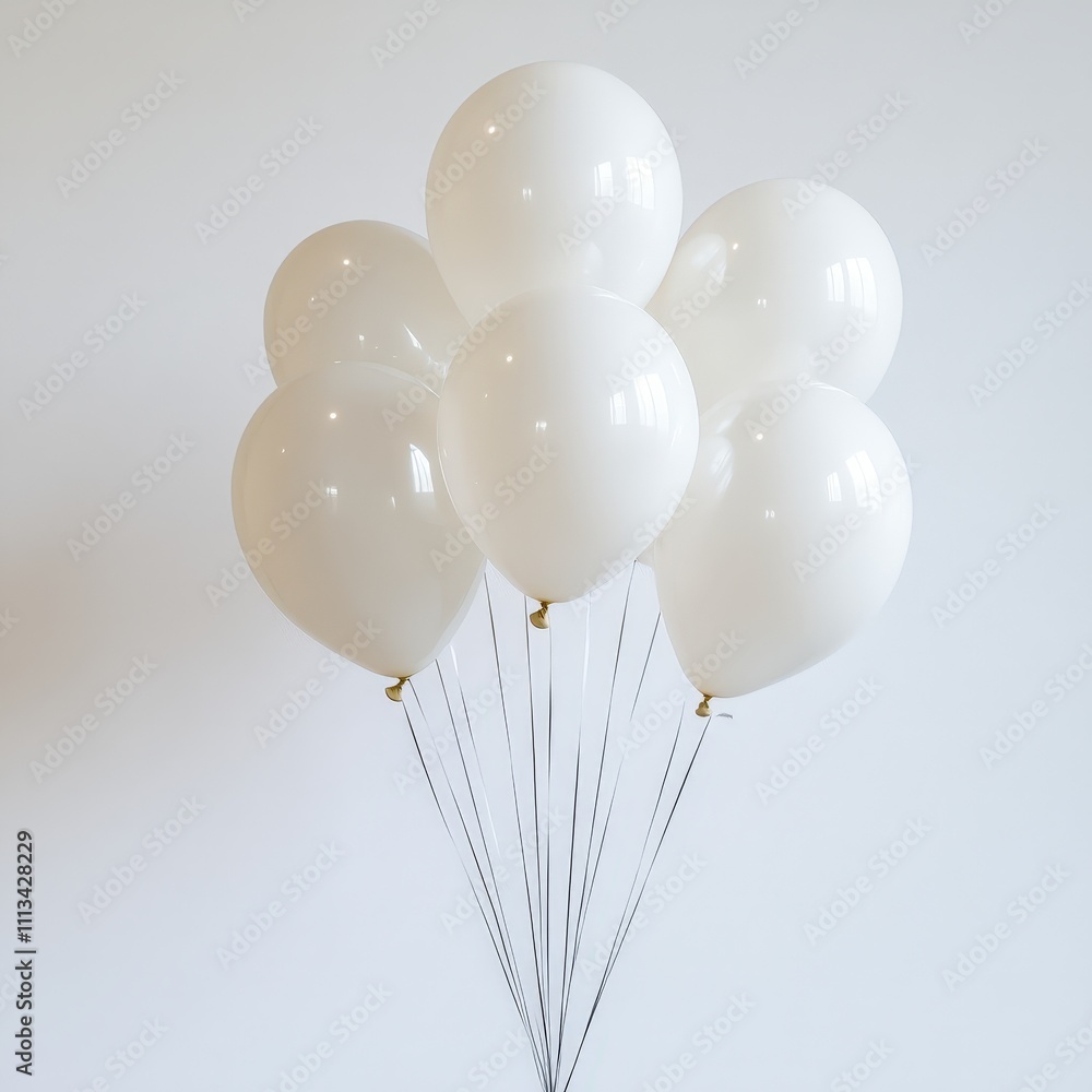 Poster a bunch of white balloons floating against a minimalist white background creating a sense of lightne