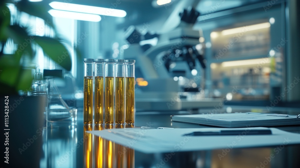 Poster a laboratory setting with test tubes, a notebook and a pen, and a microscope in the background.