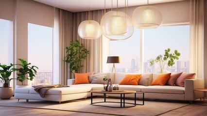 interior design in the Scandinavian style. Brightly colored living room on a beautiful summer day