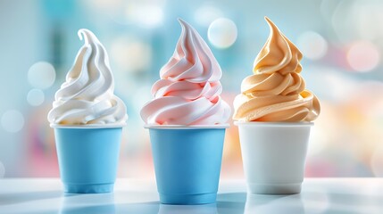 In a shiny background a trio of soft serve at various top appear in blue cup