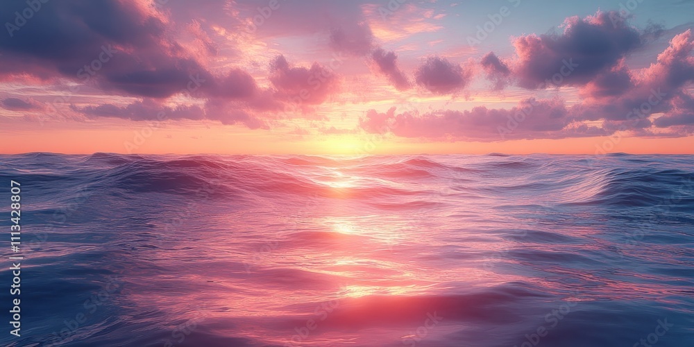 Poster serene ocean sunset reflection with soft pastel colors and gentle waves in impressionist style