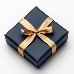 Dark Blue Gift Box with Gold Ribbon on White Background Ideal for Celebrations, Birthdays, Anniversaries, and Special Occasions