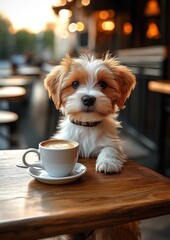 Cute puppy enjoying morning coffee at wooden table in sunny cafe with blurred street background concept of joyful lifestyle