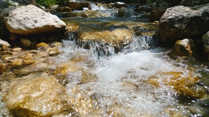 Crystal Clear Stream Flowing Through Rocks