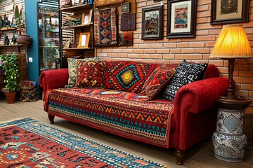 Colorful textile decor on vintage couch in cozy living room warm ambiance home interior design inspiration