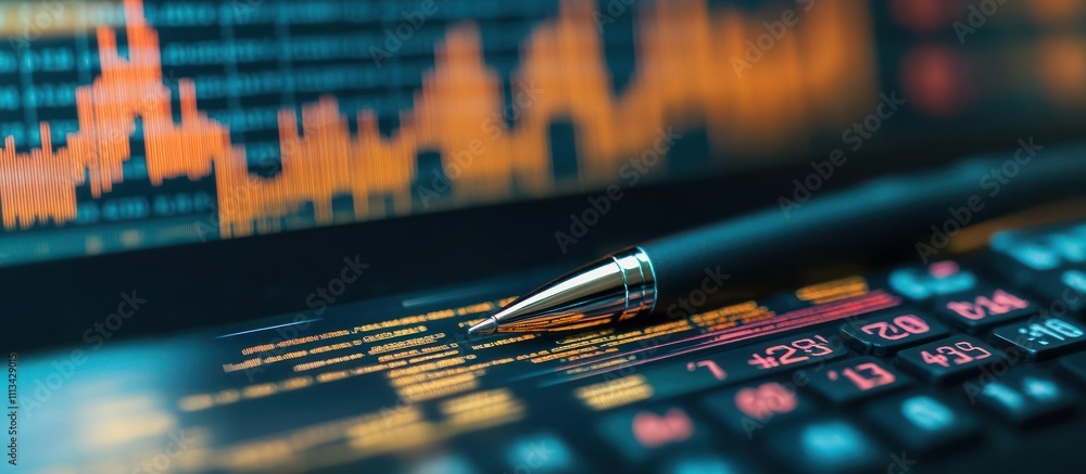Poster a pen rests on a keyboard with a blurred financial graph in the background.