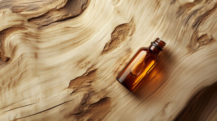 light brown bottle with essential oil on wooden table top view, photography for nature inspired cosmetics brand, light brown background, Suitable for magazine advertising, luxury style