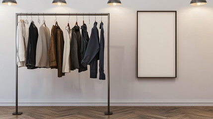 Modern boutique setup with a display of high-end clothing on a simple rack and a vertical mockup poster frame on a wooden floor, under tasteful lighting.
