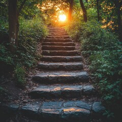 Obraz premium A stone staircase leads through lush greenery towards a glowing sunset.