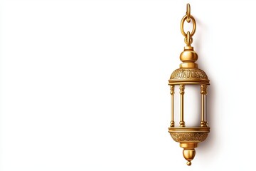 Fototapeta premium Elegant Golden Lantern with Intricate Designs Hanging Gracefully Against a Clean White Background