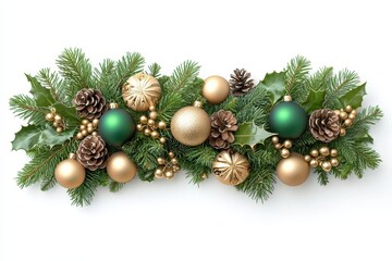 A Festive Holiday Arrangement of Green and Gold Ornaments Accompanied by Natural Pinecones and Holly Leaves