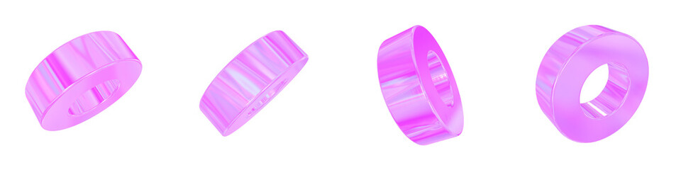 Set of 4 3d iridescent tube isolated on a transparent background. Pink tone. 3d elements for graphic design.