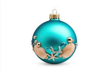A Vibrant Turquoise Christmas Ornament Adorned with Shells and Coral for Holiday Decor