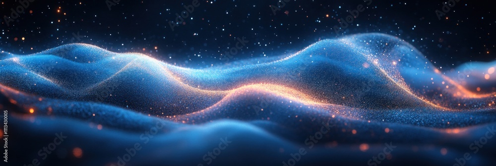 Aufkleber Abstract Blue Wave Background with Flowing Lines, Dots, Network Structure, Connection, Futuristic Design, Digital Mesh, Geometric Patterns, Light and Space