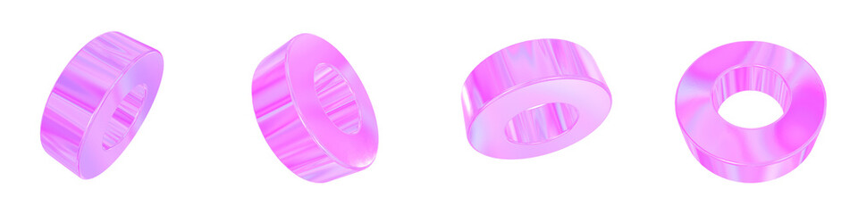 Set of 4 3d iridescent tube isolated on a transparent background. Pink tone. 3d elements for graphic design.