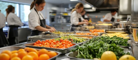 Chefs prepare fresh ingredients in a commercial kitchen with a variety of vegetables and fruits in stainless steel trays.