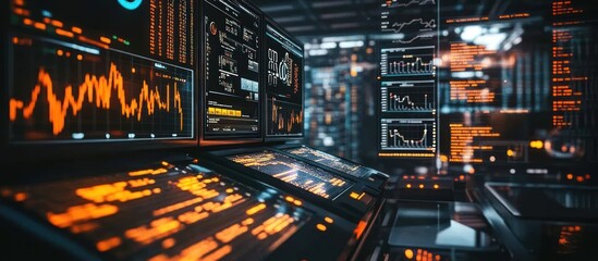 Futuristic data center control room with glowing monitors displaying stock market graphs and financial data.