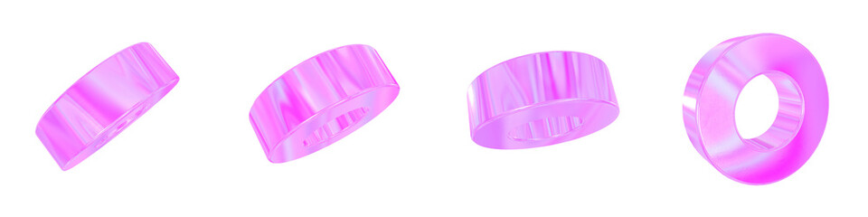 Set of 4 3d iridescent tube isolated on a transparent background. Pink tone. 3d elements for graphic design.