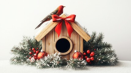 Christmas Farm Concept Festive birdhouse with decorations and a cardinal perched on top.