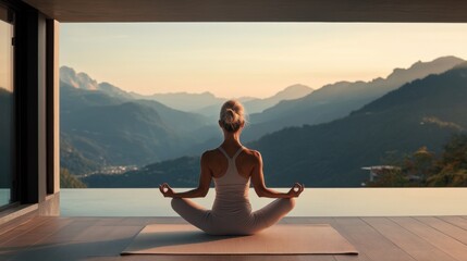 Fototapeta premium Serene Sunset Yoga Mountain View Poolside Meditation